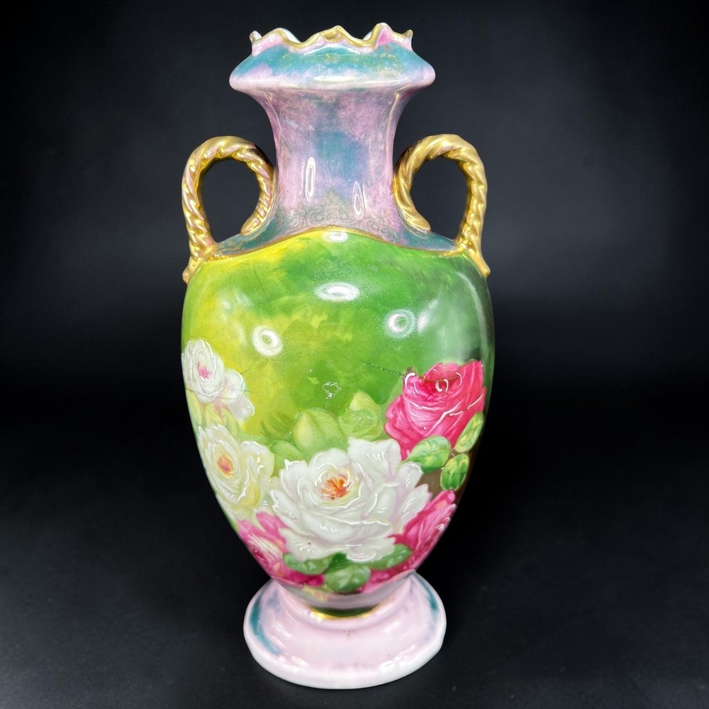 Antique Austria Porcelain Floral Vase Hand Painted Roses Gold Handles 10inch VTG